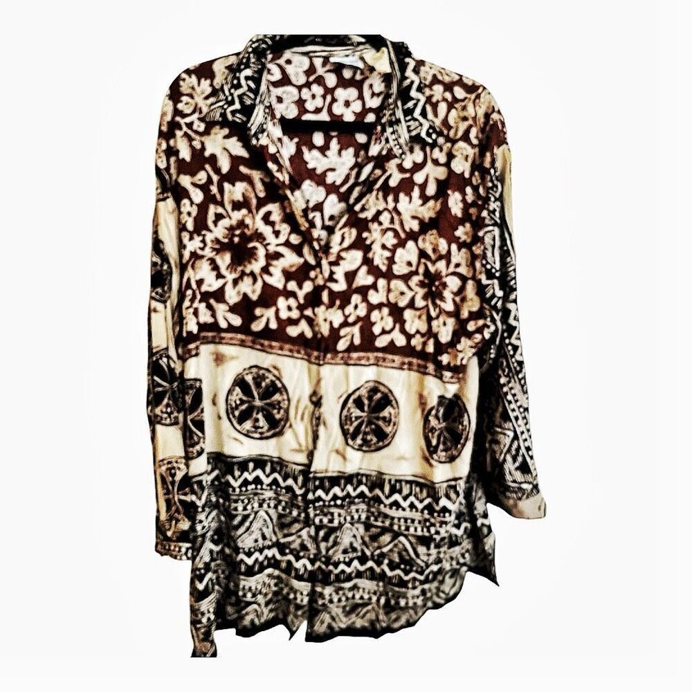 Vintage Brown African theme Abstract‎ Blouse Size Medium